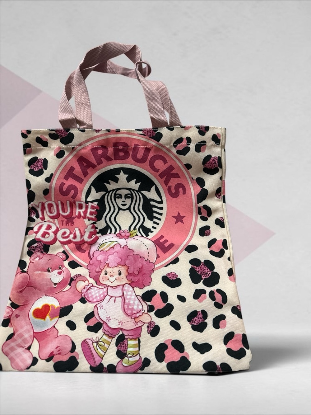 Care Bear Meets Strawberry Shortcake Pink and Cream Leopard Print Tote